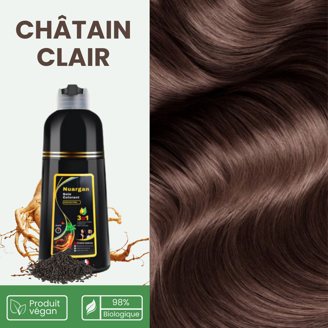 Nuargan™ – Shampoing colorant au sésame noir & extrait de ginseng | Résultat Garanti en 10 minutes