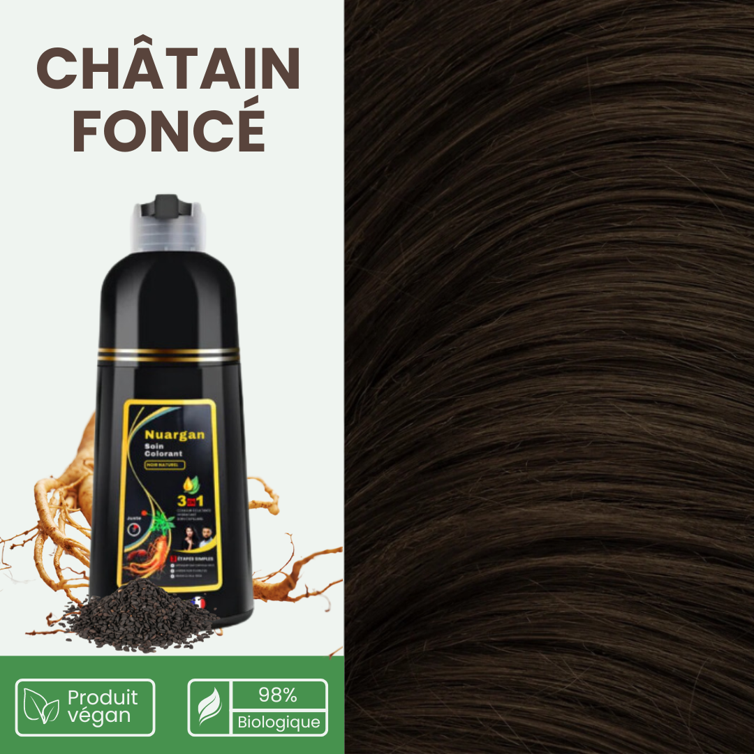 Nuargan™ – Shampoing colorant au sésame noir & extrait de ginseng | Résultat Garanti en 10 minutes